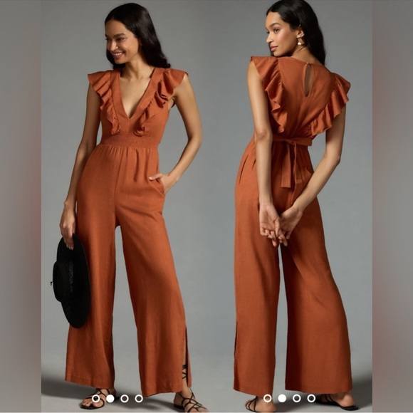 Anthropologie Pants - Anthropologie Brown Jumpsuit with Ruffled Sleeves and Wide Legs New Size: US L